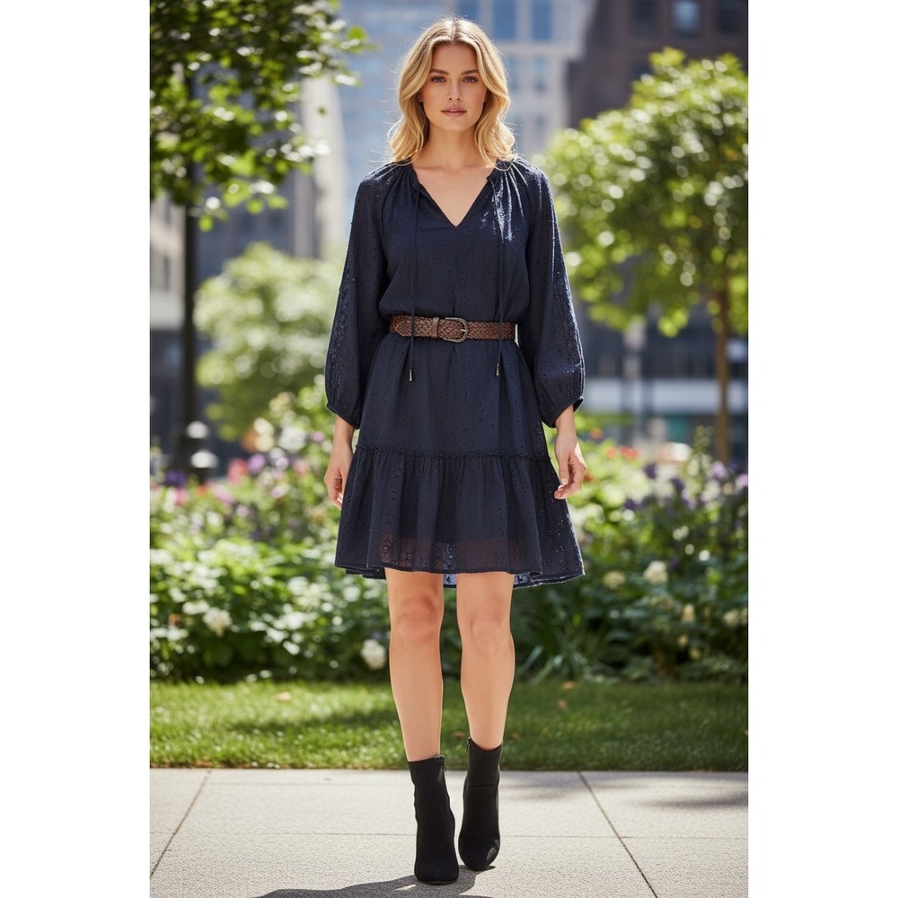 XIRENA Navy Blue 100% Cotton Eyelet Drop Waist Mini Dress Long Sleeve S/M $295